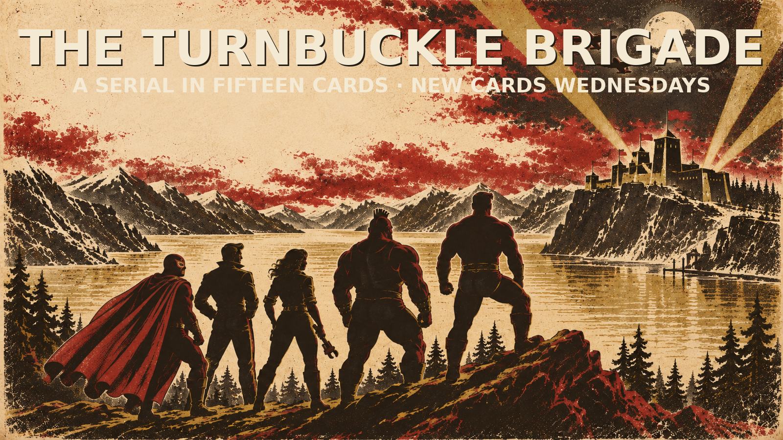 Season poster: the five silhouetted wrestlers of the Turnbuckle Brigade face a fjord fortress under searchlights