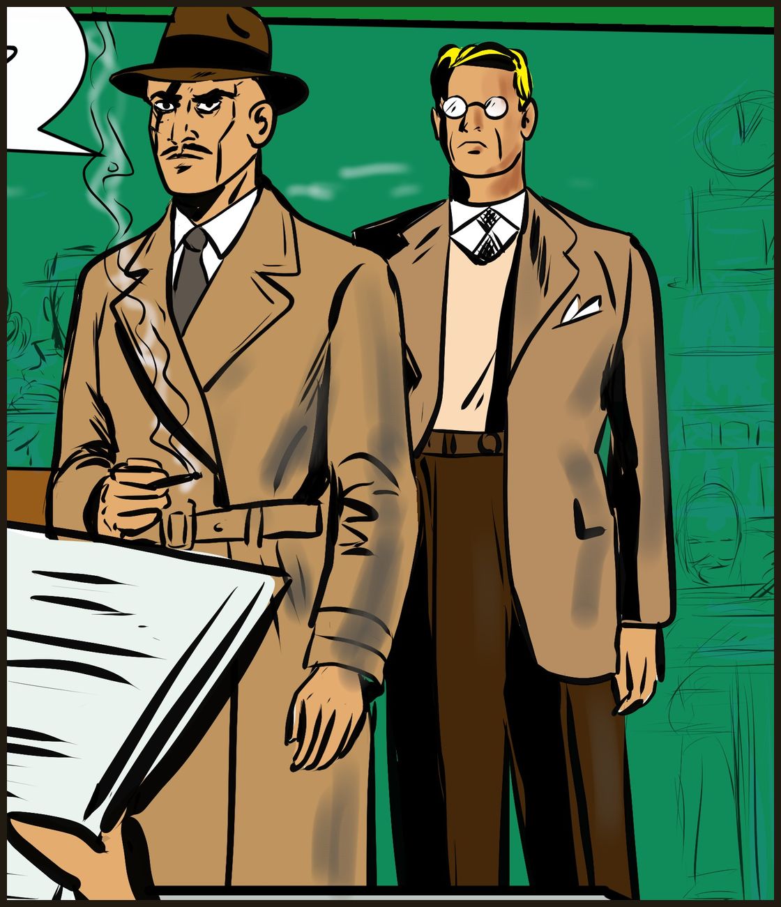 Two men in matching suits find Mr. Zill at the café.